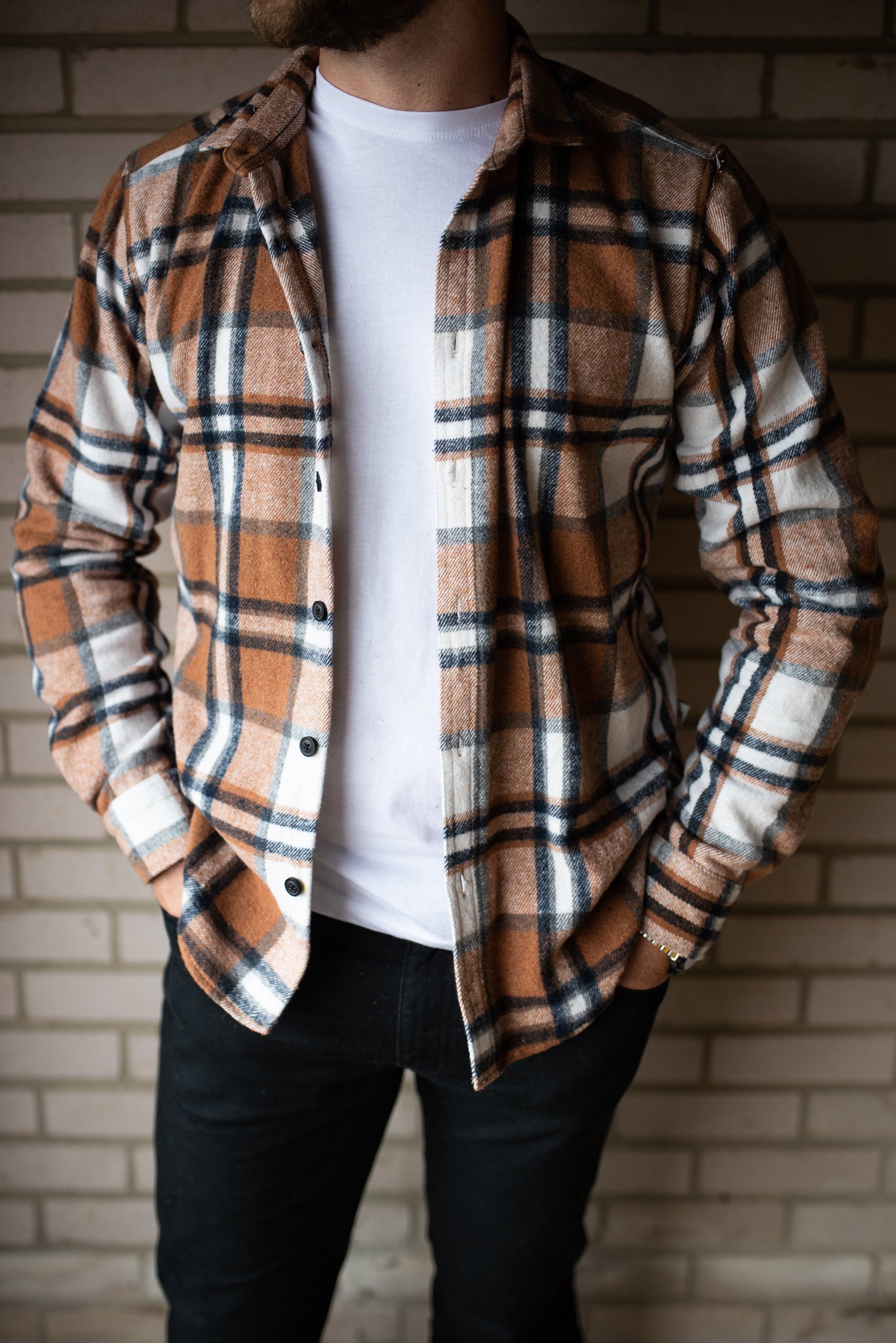 mens tan check shirt open