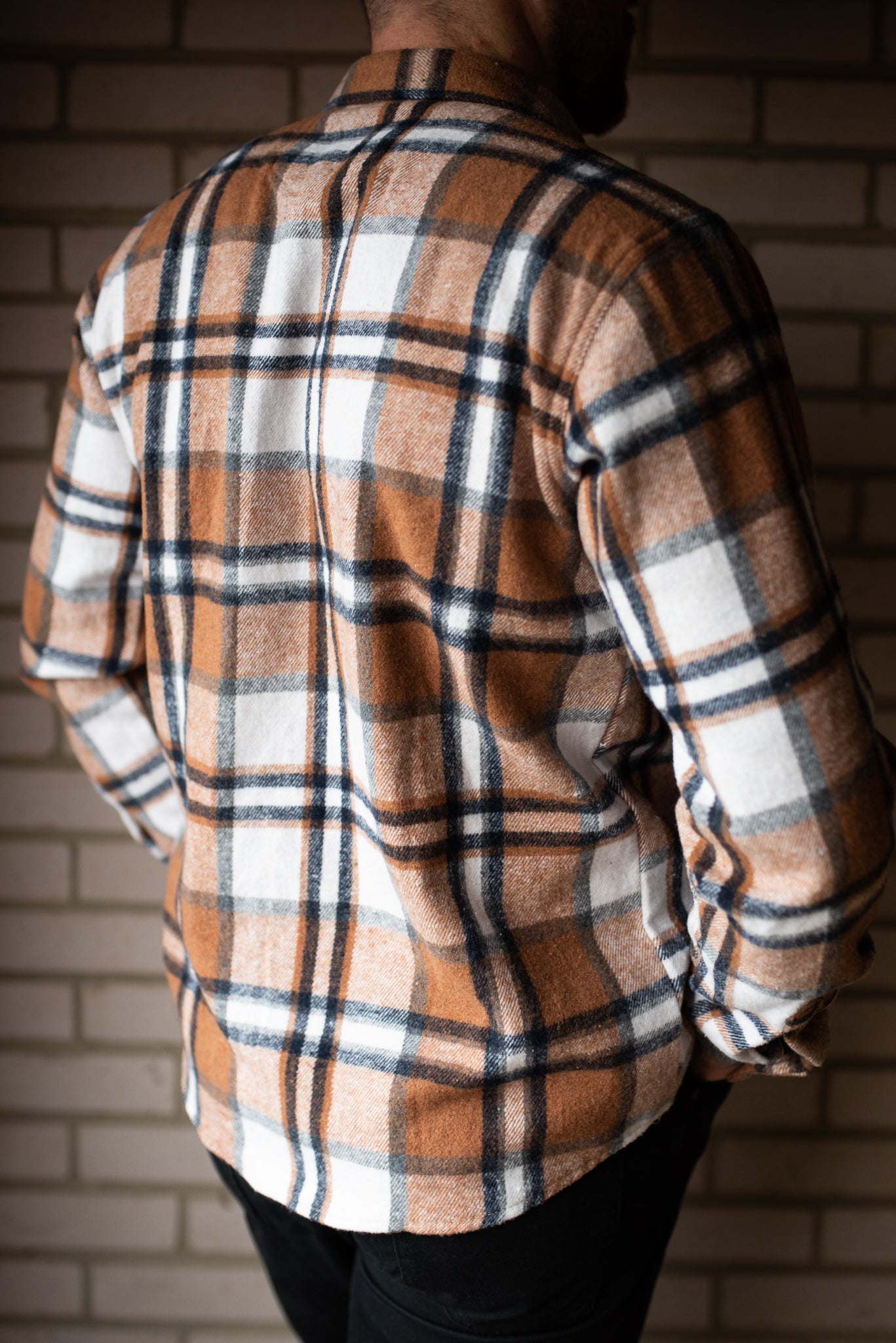 mens tan check shirt rear