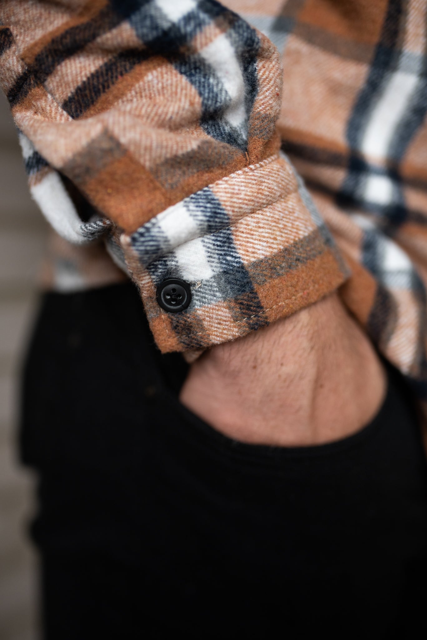 mens tan check shirt cuff