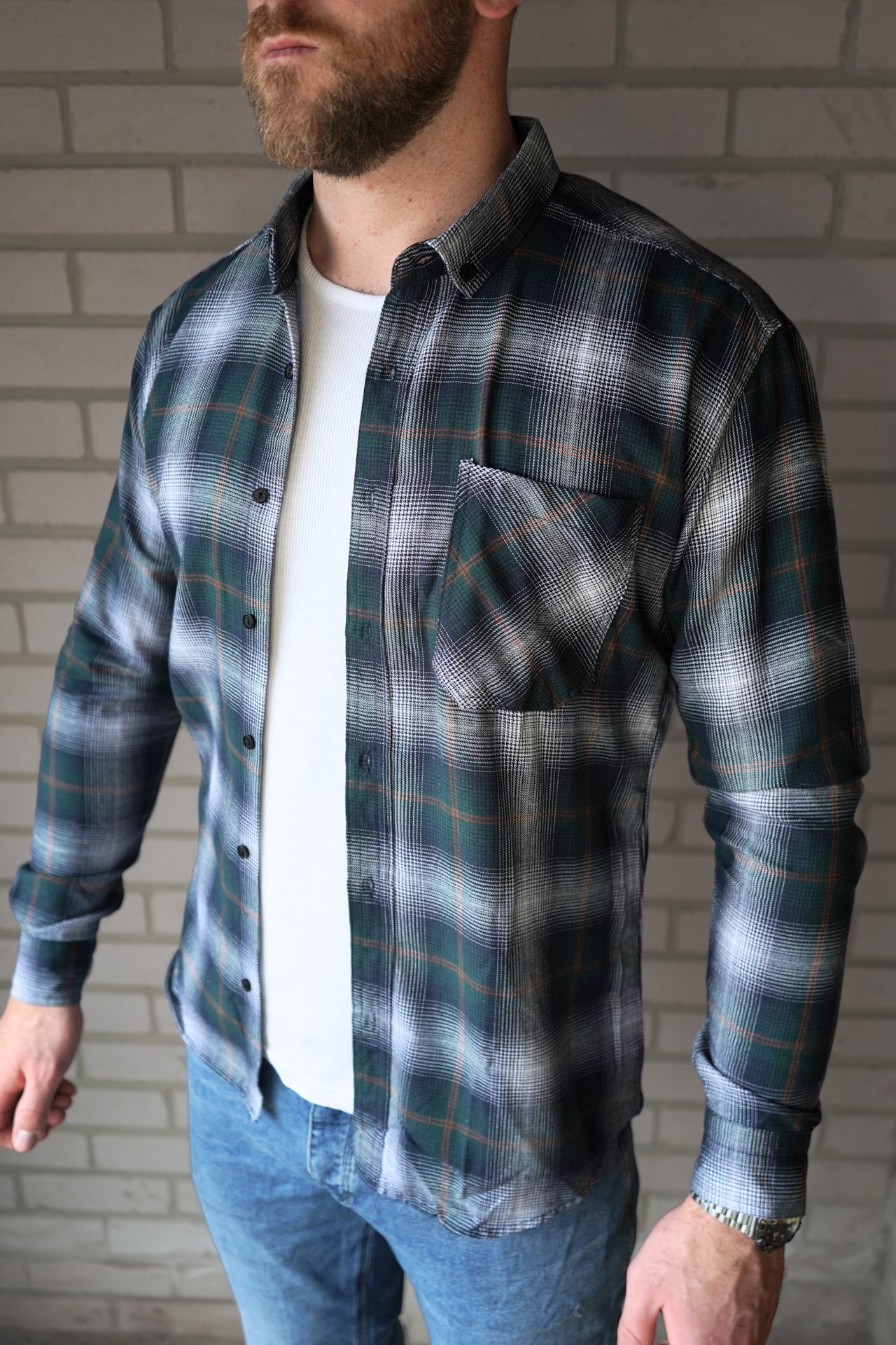 TURQ GREEN lightweight flannel shirt worn open