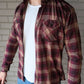 BLOOD RED lightweight flannel worn open with white underneath