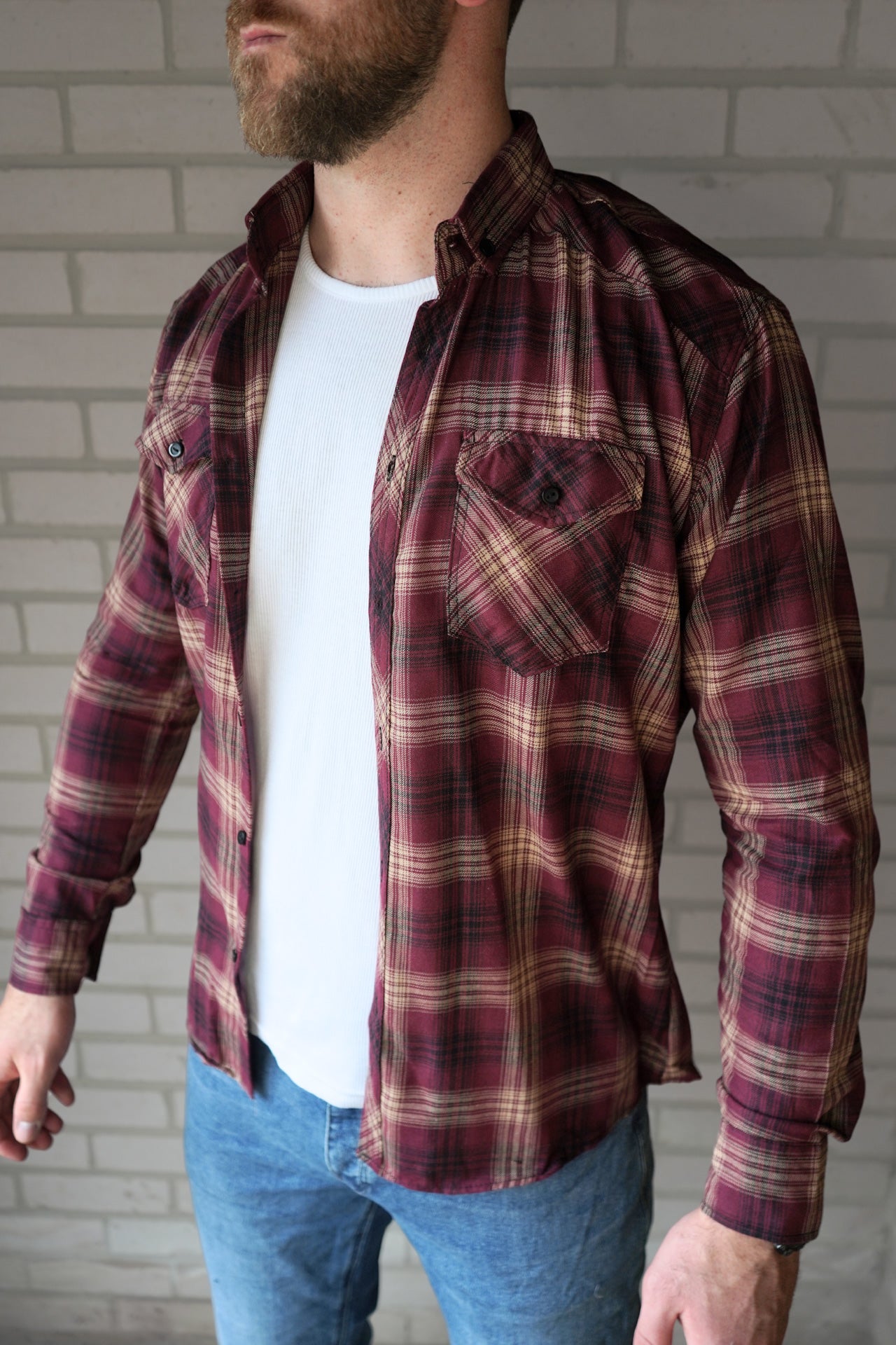 BLOOD RED lightweight flannel worn open with white underneath