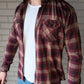 BLOOD RED lightweight flannel worn open with white underneath